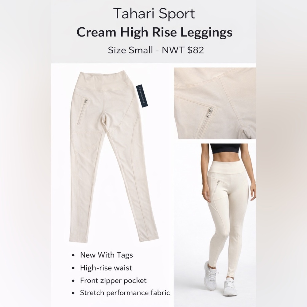 Tahari Sport Cream High Rise Leggings Zip Pocket NWT  Athletic Yoga Pants